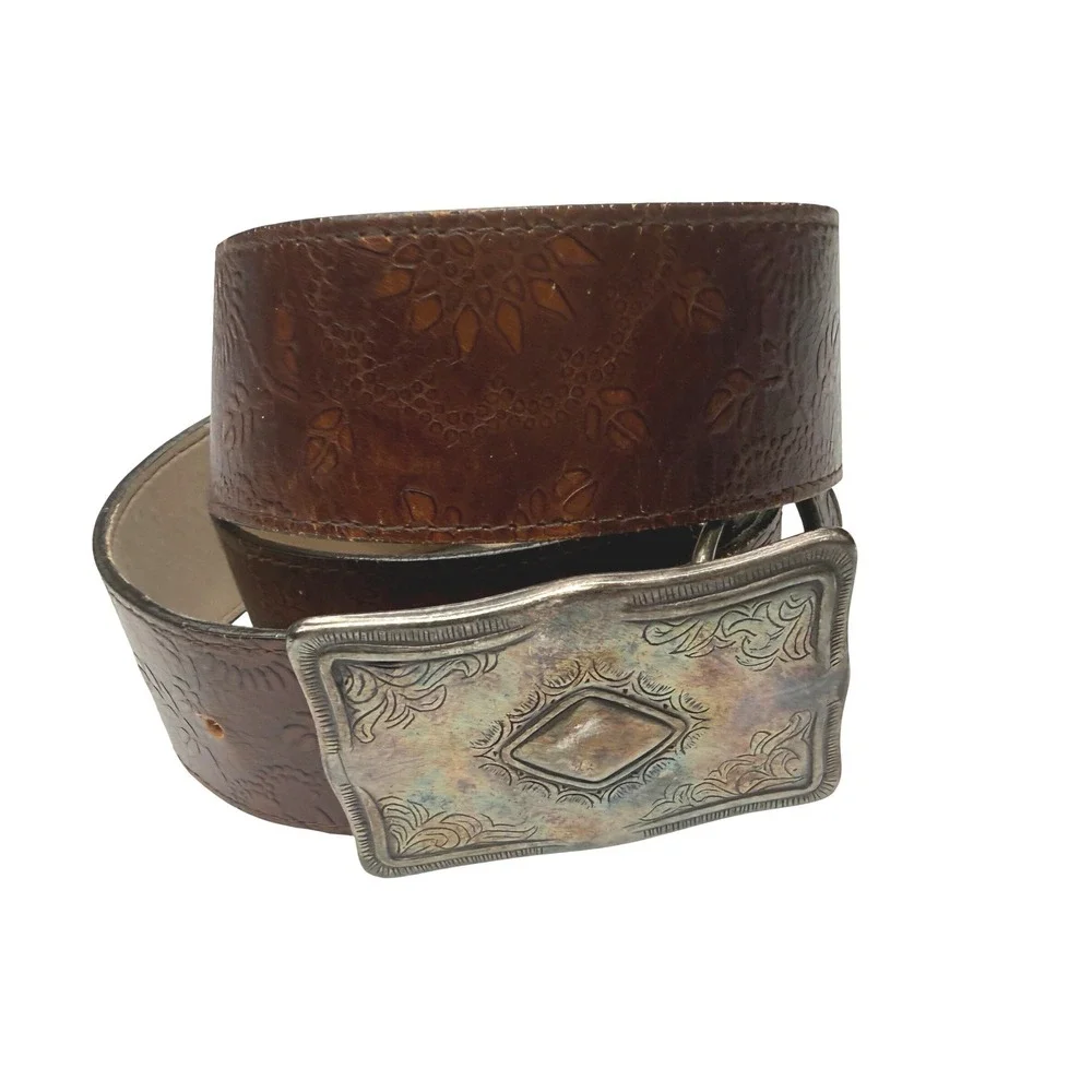 Avignon Belt Women L Brown Leather Floral Embossed Western Silver Tone Buckle